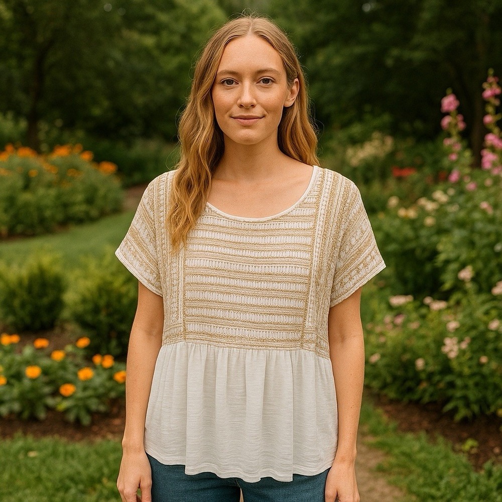 J. Jill White and Tan Embroidered Bohemian Milk Maid Renaissance Blouse XL